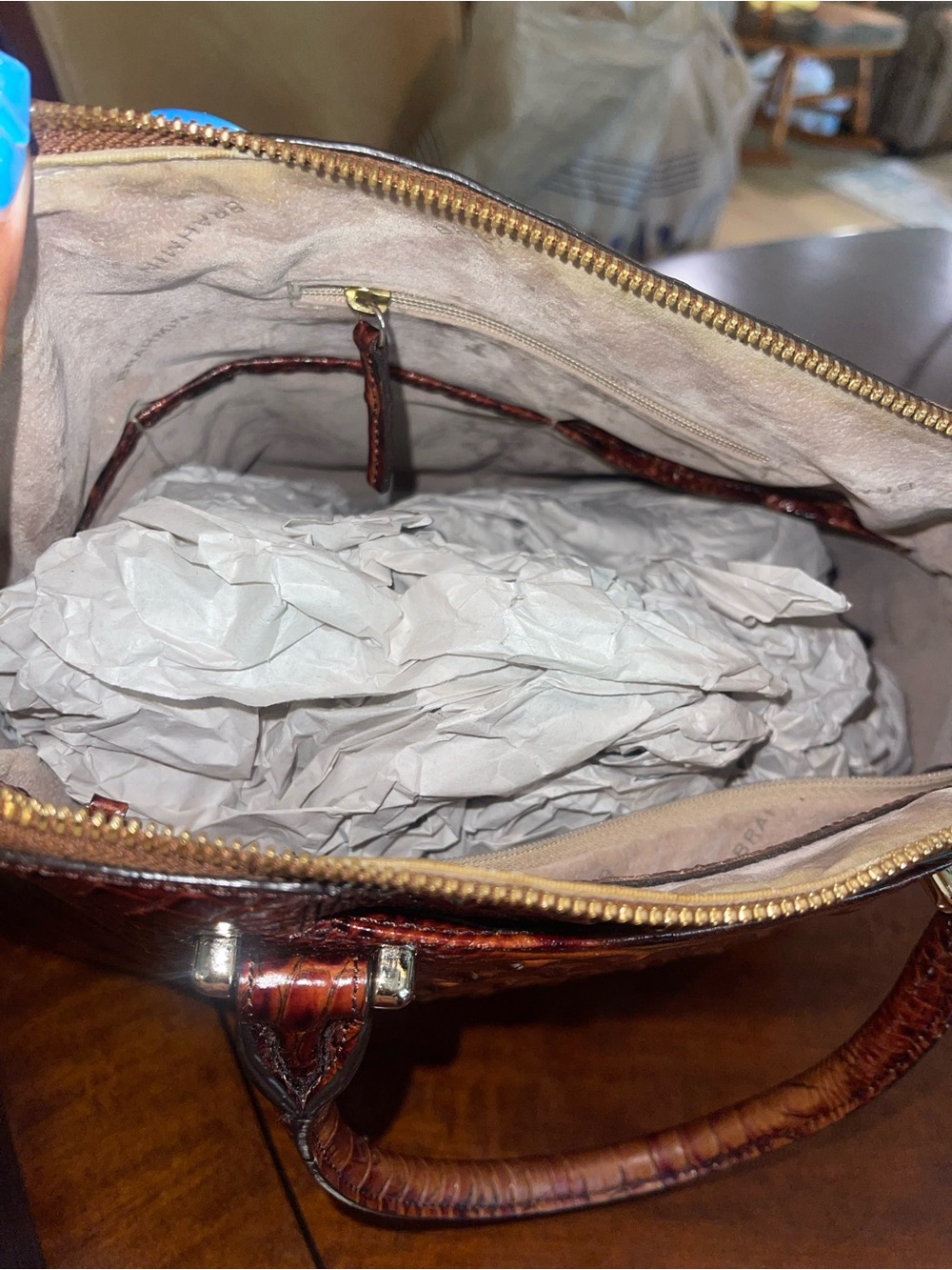 Brahmin Croc-Embossed Satchel in Deep Cognac Brown - Picture 3 of 5